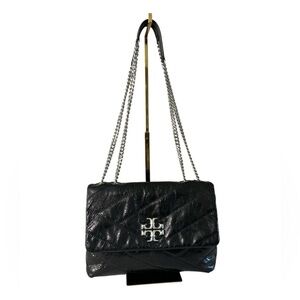 Tory Burch Kira Black Glazed Leather Shoulder Bag Quilted Chain Strap